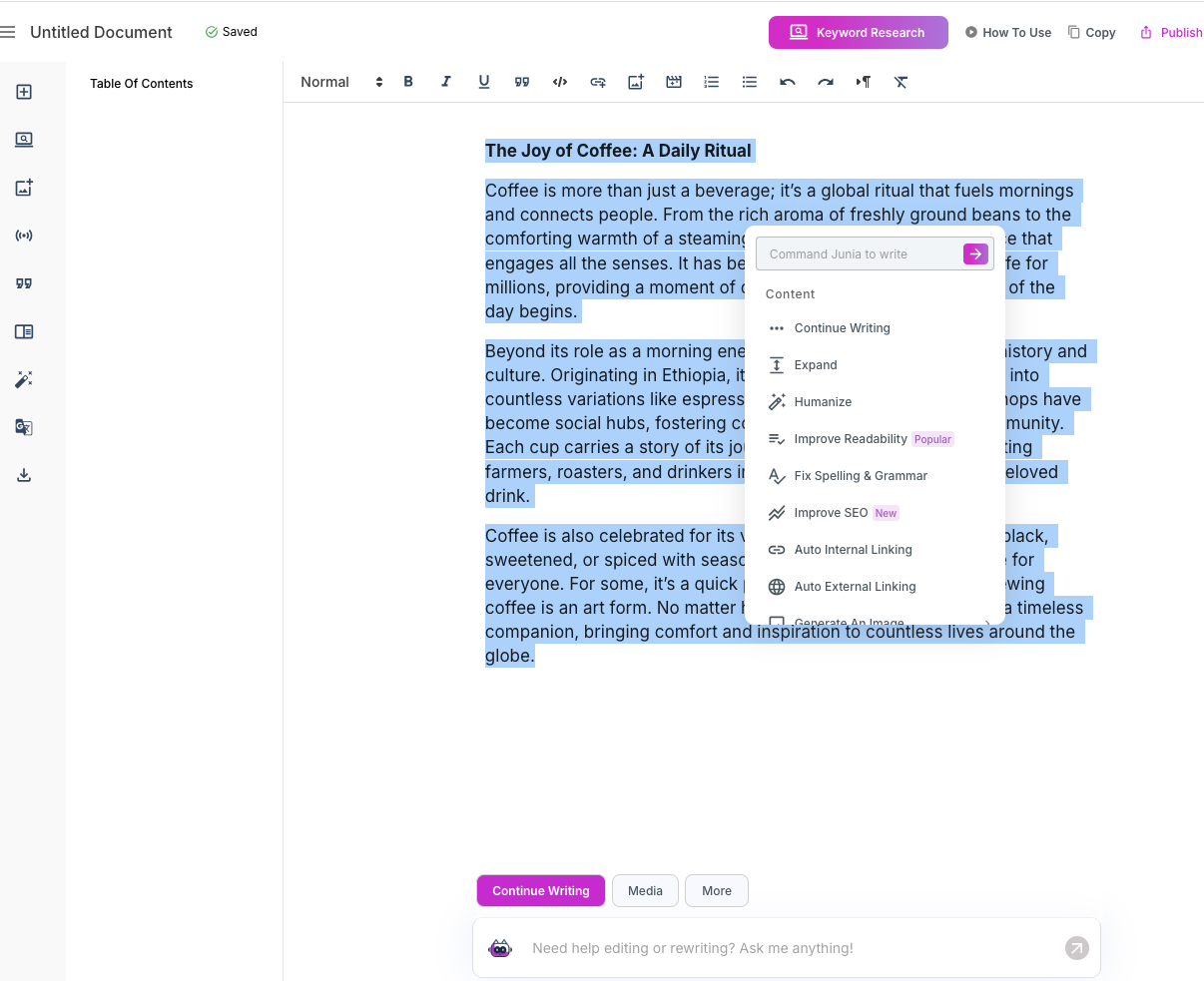 Junia AI content editor features.