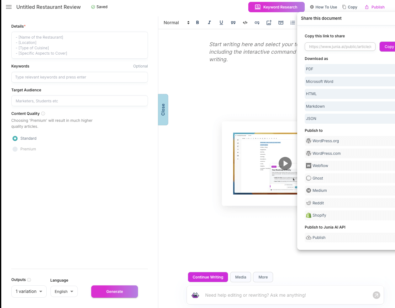 Junia AI template example with its features.