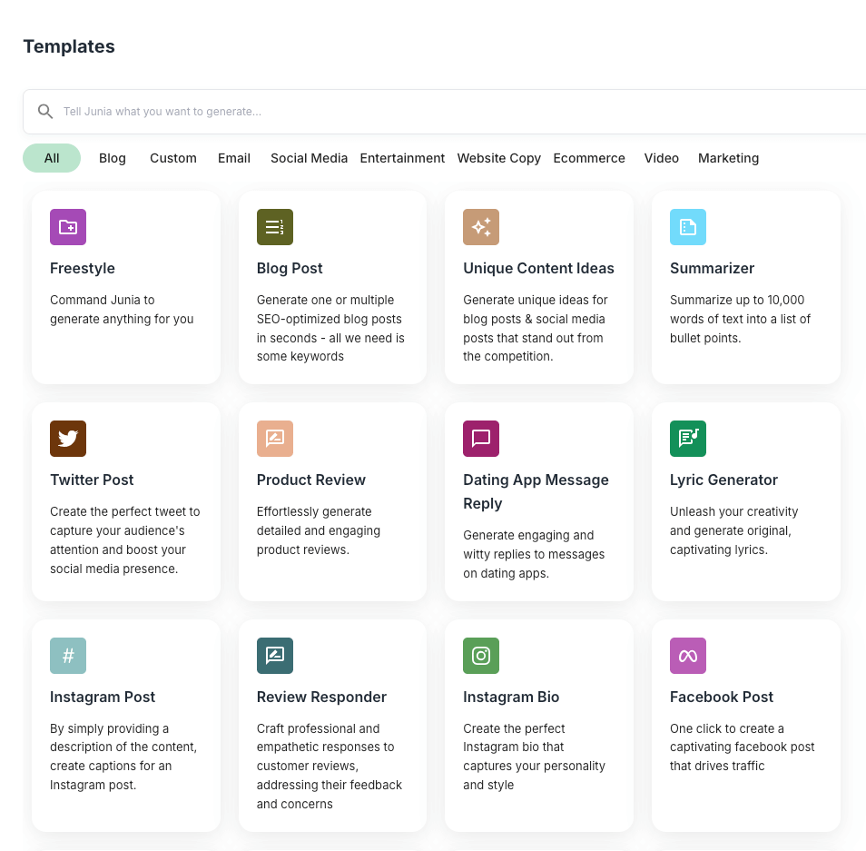 Junia AI template for different types of content.