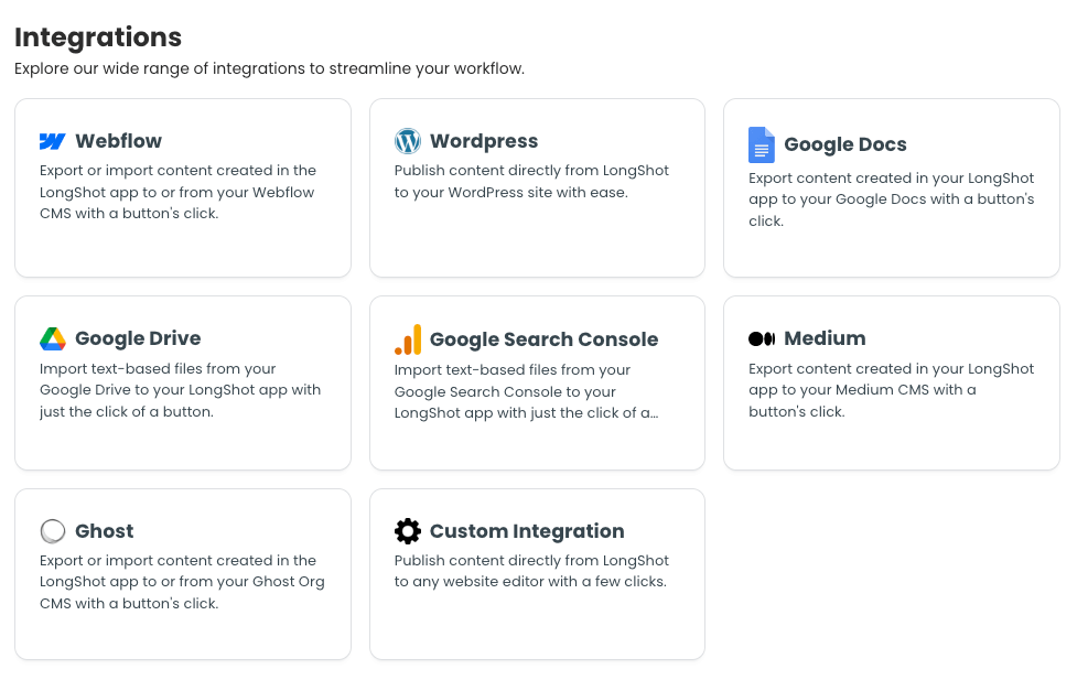 Longshot Ai Integrates with WordPress, Medium, HubSpot, and other tools for easy content creation and publishing.