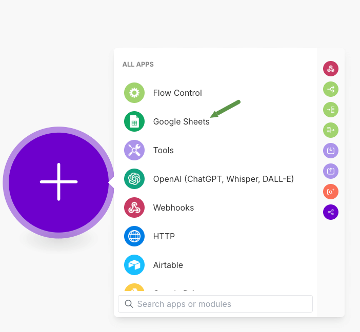 New scenario as trigger app with Google Sheets.