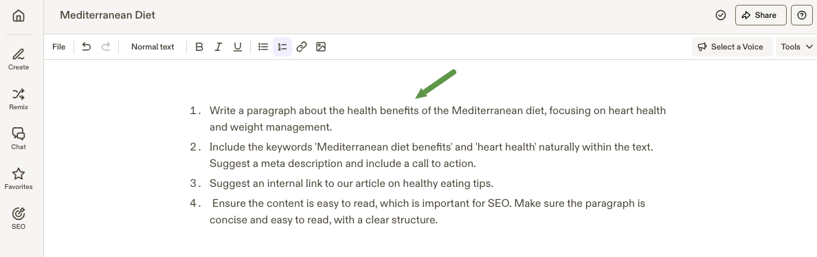 Giving Jasper a prompt directly in document.