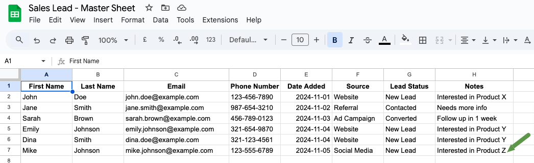 New Sales Lead added to master sheet for sales lead automation to test workflow.