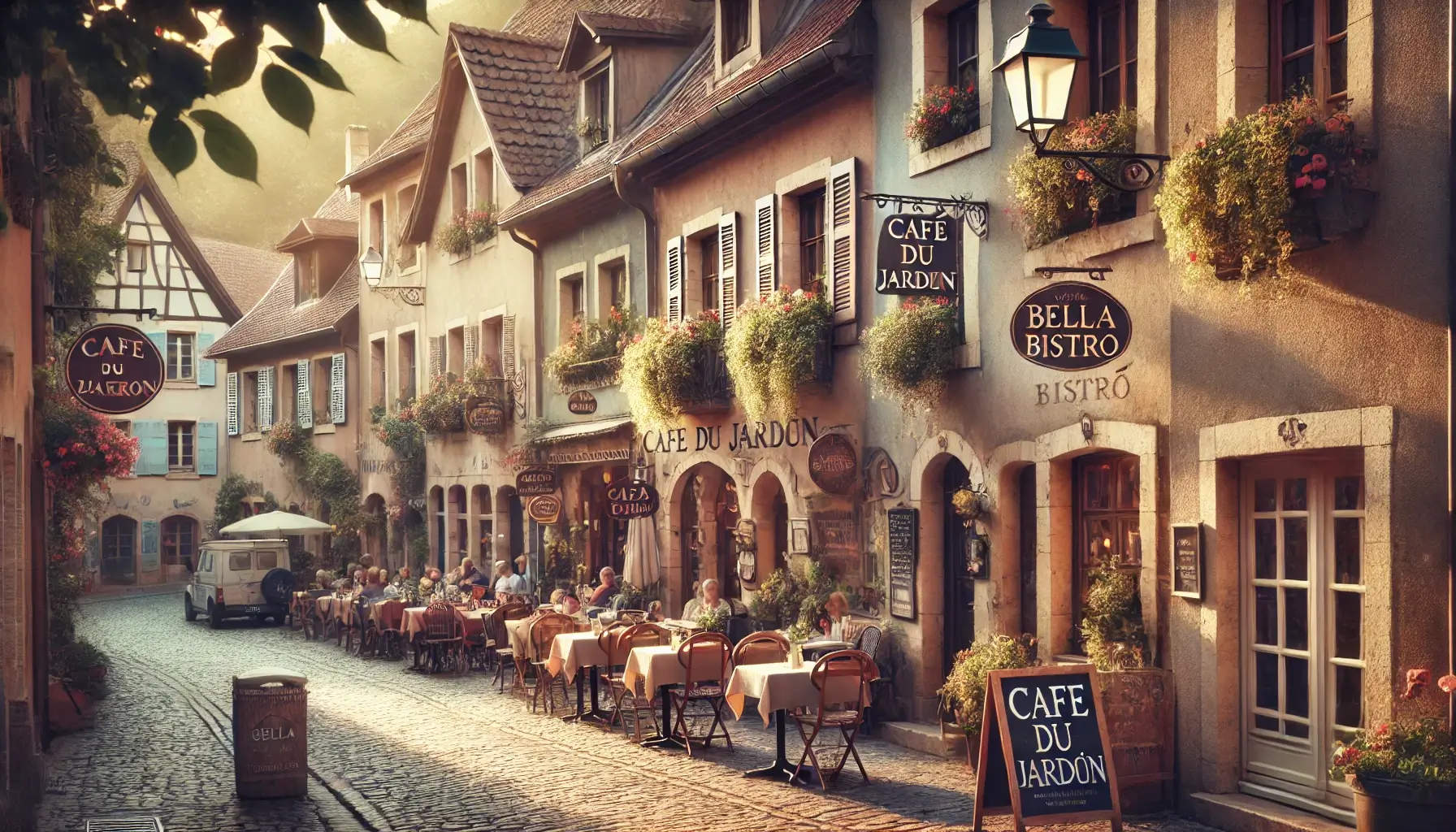 Quaint town with cafes.