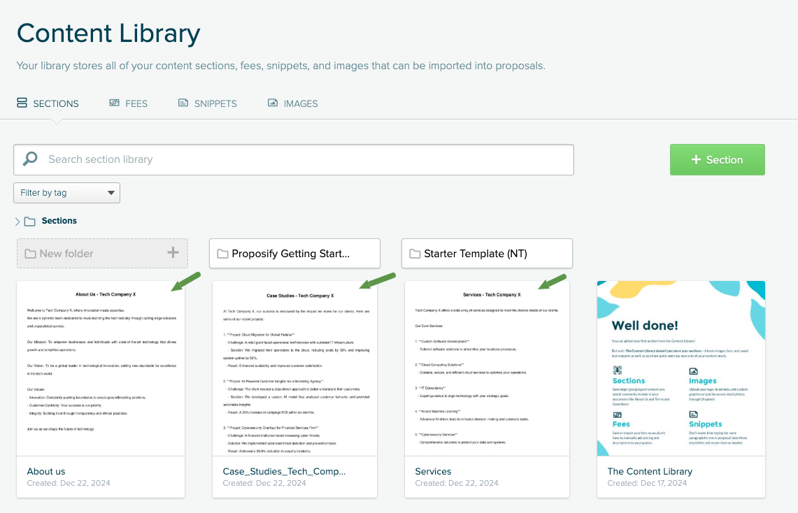 Content library for proposal automation where you can upload your documents.