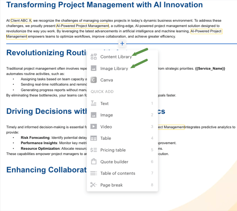 Content library and Image library to add stored content or images in Pandadoc proposal management.