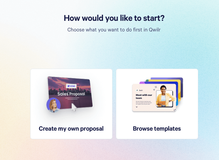Qwilr choose form prebuilt templates or create own proposal.