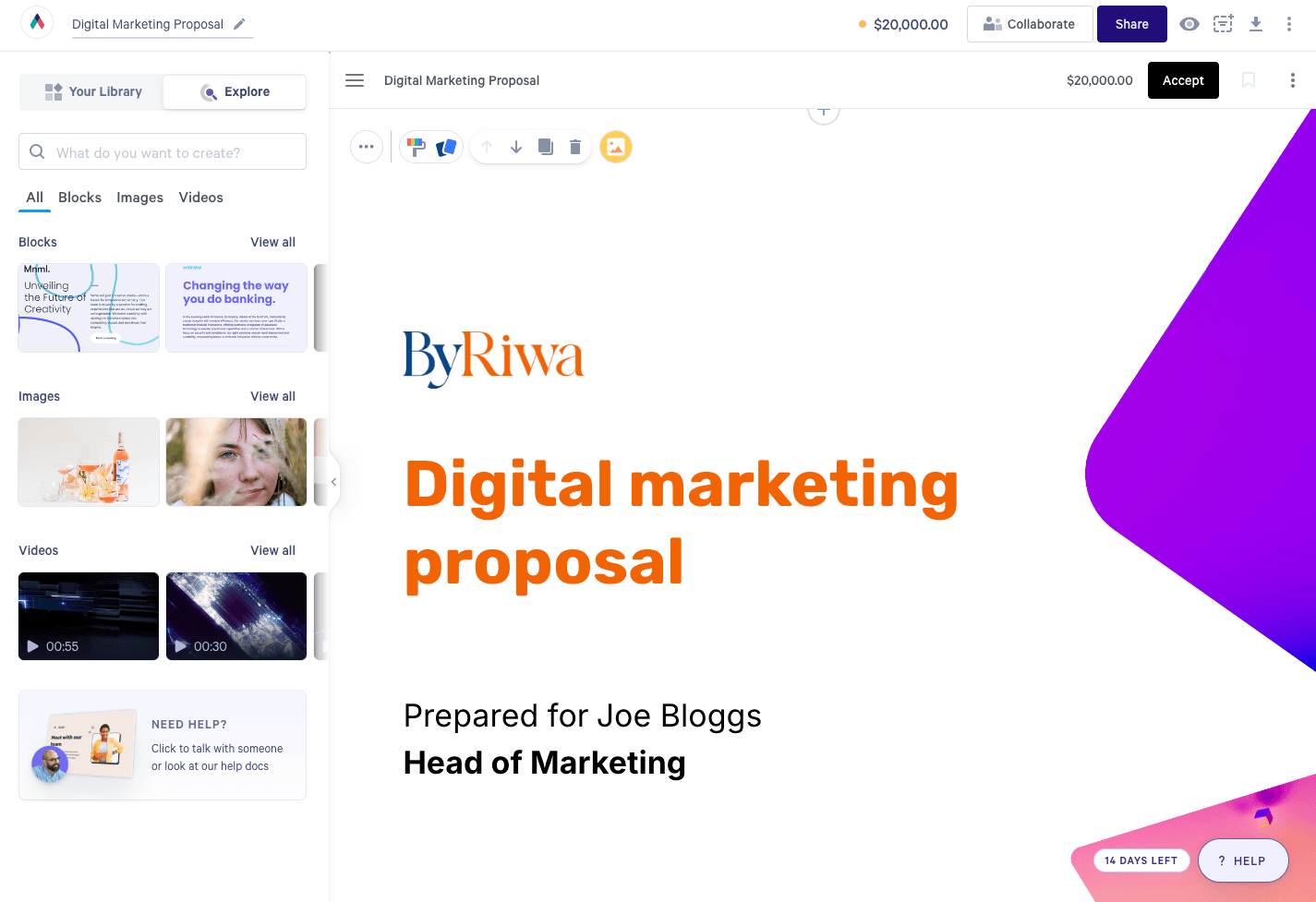 Template created by Qwilr with company branding.
