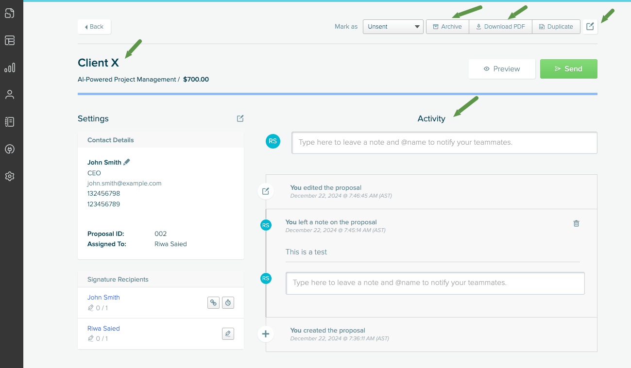 Edit proposal on Proposify via dashboard.