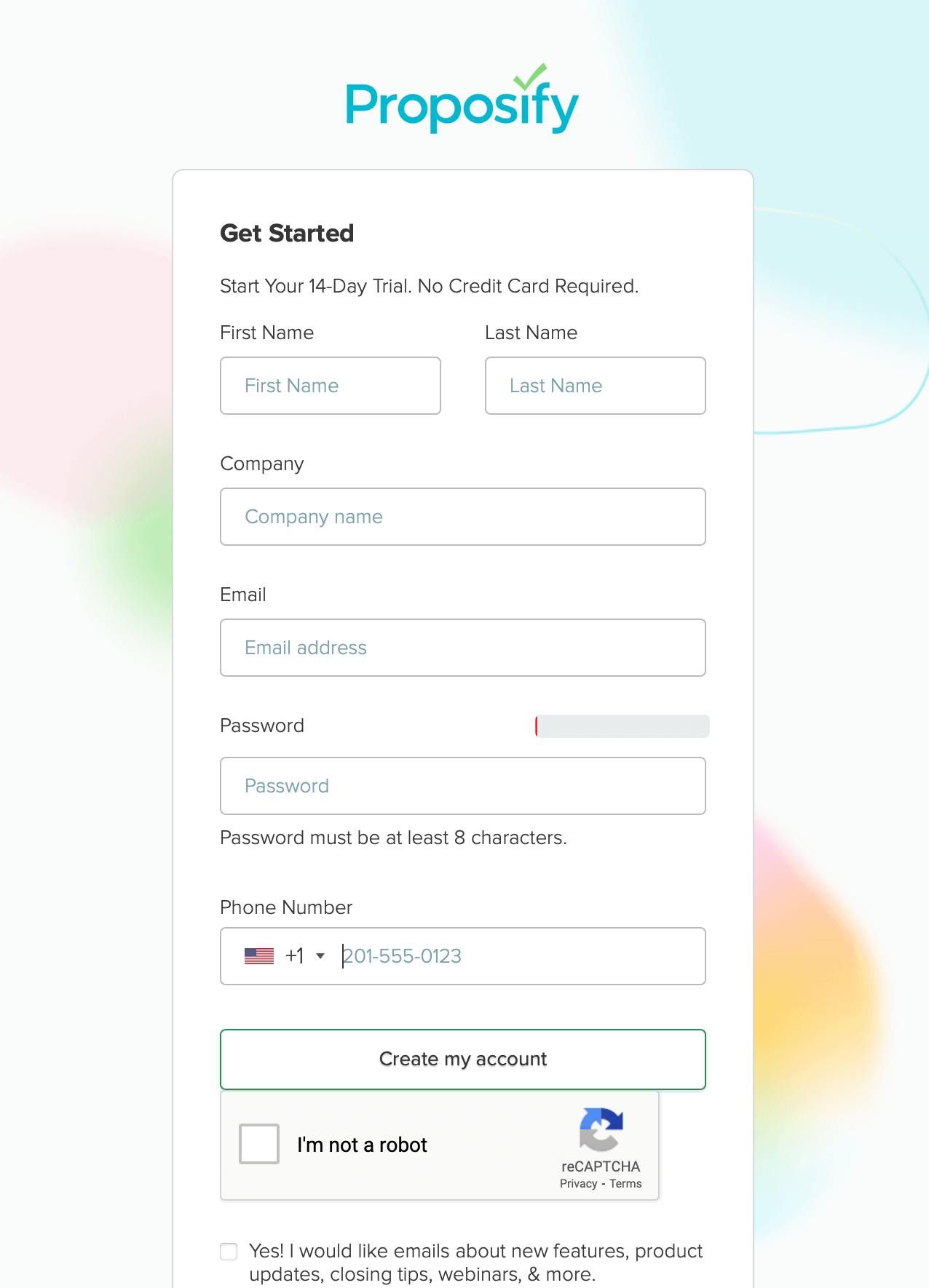 Registering for a 14-day free trial on Proposify.