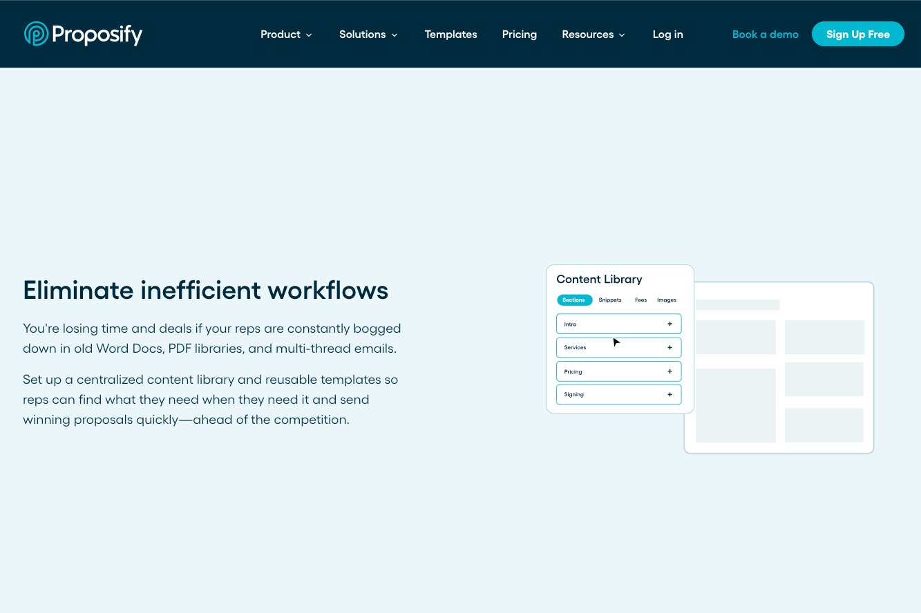 Proposify proposal automation tools with content libraries and e-signatures.