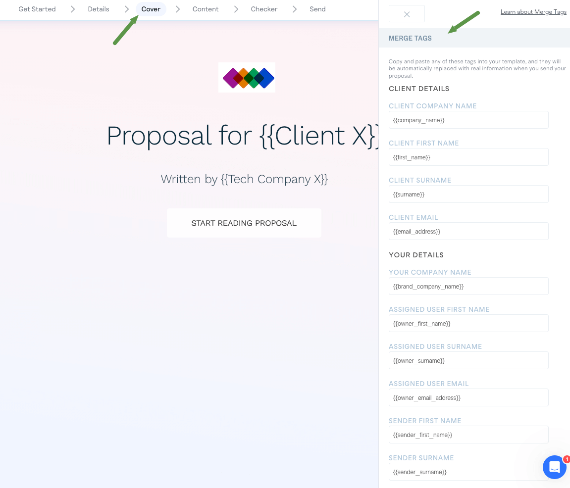 Dynamic content in cover page in merge tags.