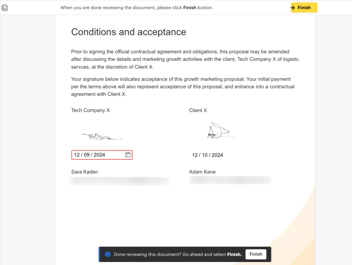 Example of how final esignatures look like on PandaDoc.