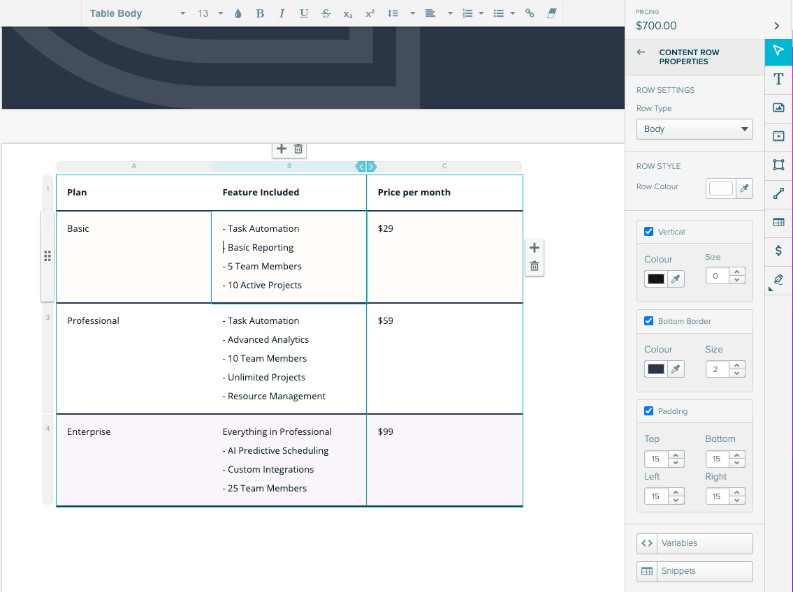 Pricing table customization in Proposify.