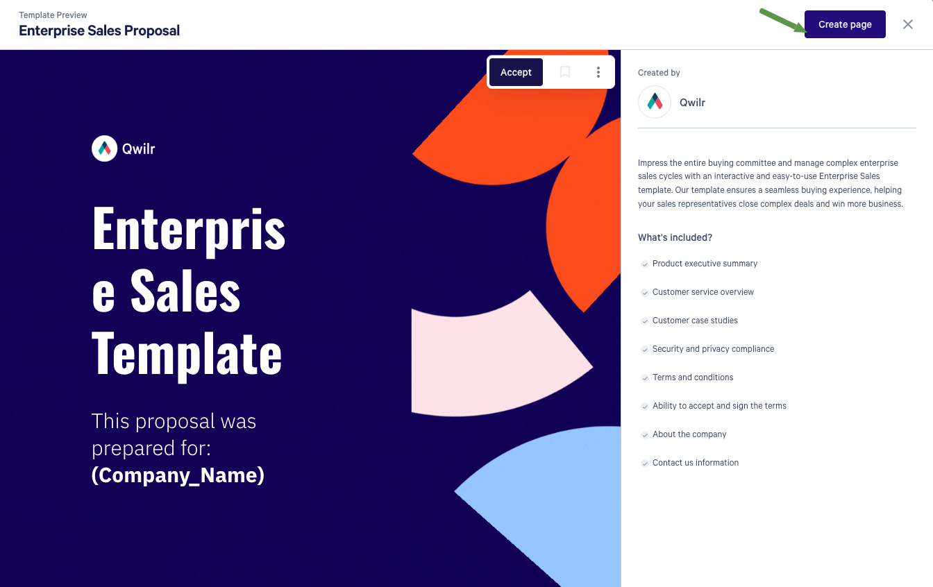 Qwilr create page in template library.