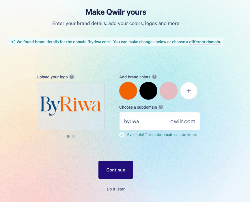 Qwilr choose your logo, domain and brand colors.