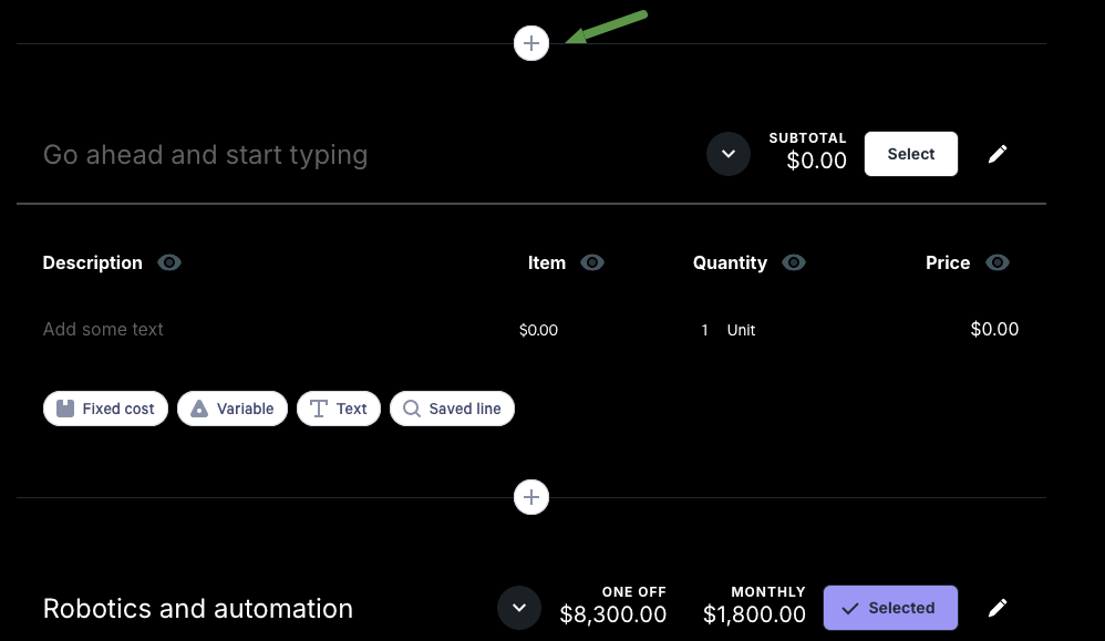 Adding a pricing table on Qwilr.
