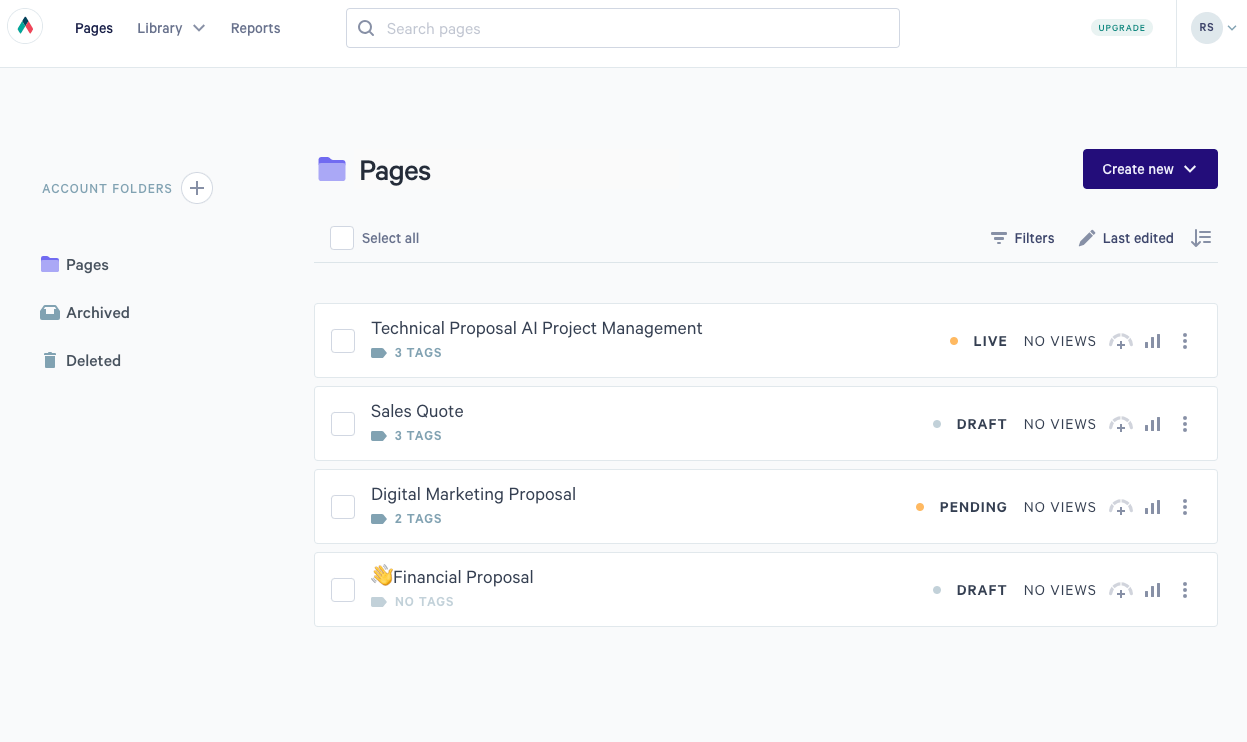 Qwilr Dashboard for proposals and options.