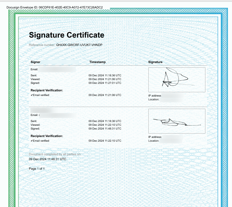 Signature certificate with timestamps, IP and location.
