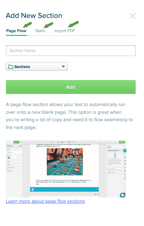 Add new section by importing pdf, adding static text or page flow section.