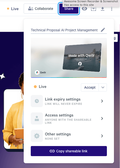 Qwilr sharing options and status dropdown.