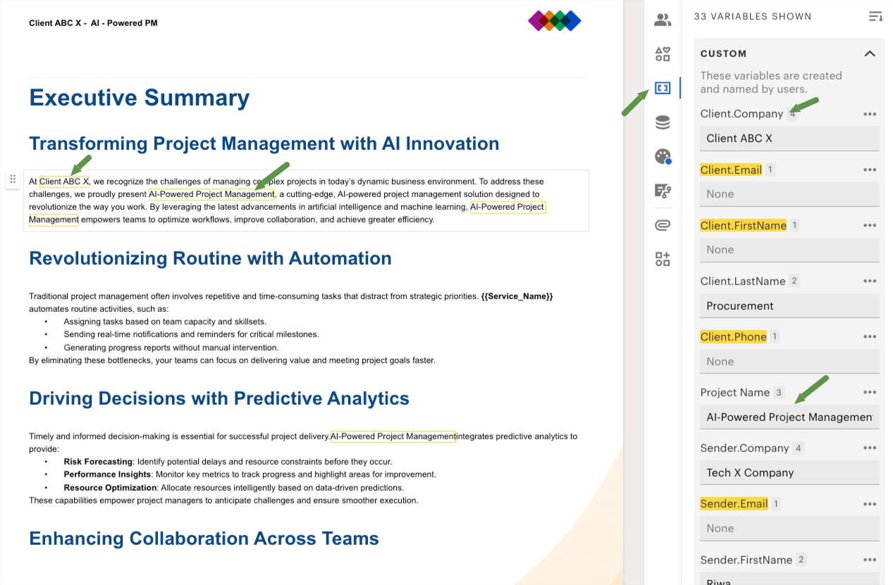 Variables automatically get updated in proposal templates or document without searching.