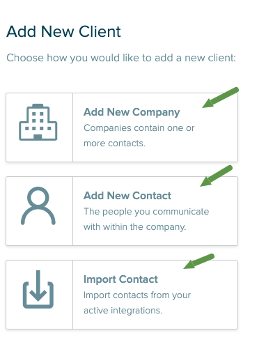 Proposal automation by adding new client by company, contact or import from CRM.