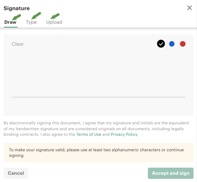 e-signature with PandaDoc proposal management, you can draw, type or upload.