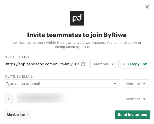 Invite team members to pandadoc for workflow automation.