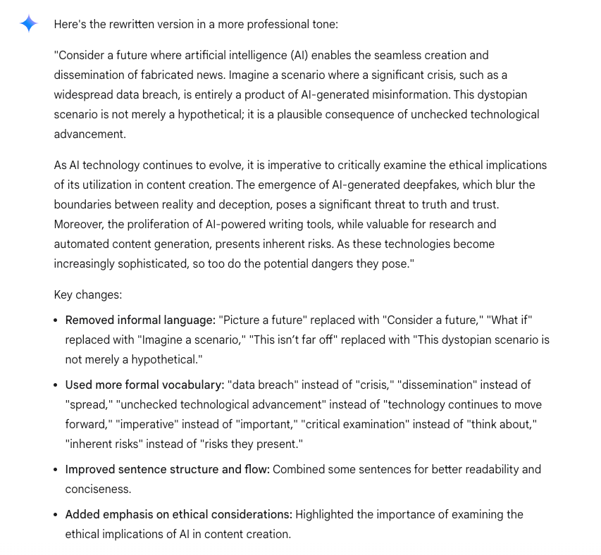 Gemini AI rewriting in professional tone.