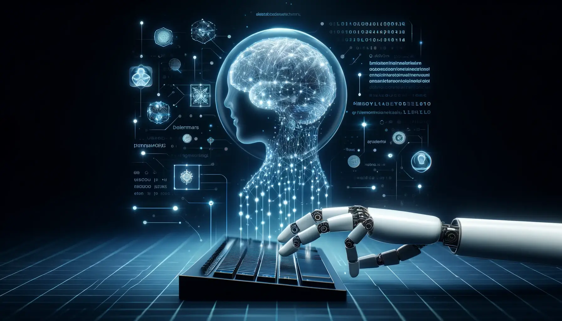 Human hand typing on a virtual keyboard, connected to a holographic brain and neural networks.