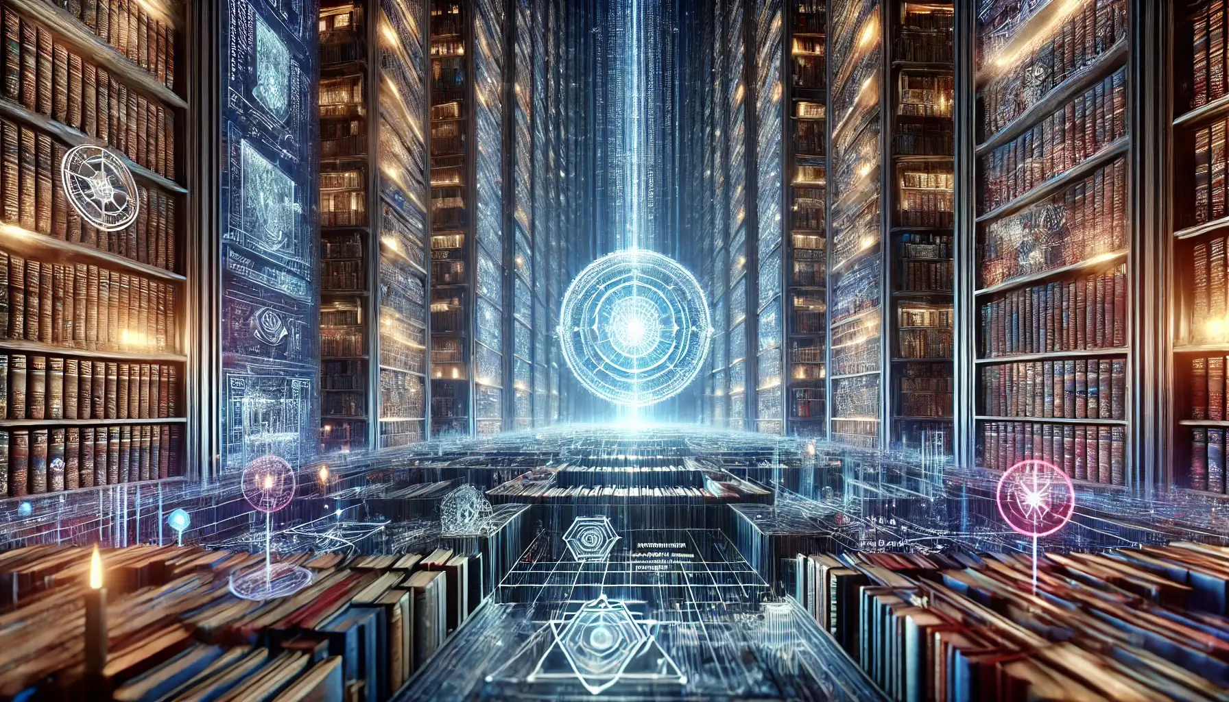 Futuristic library with holographic bookshelves and a glowing orb visualizing NLP.