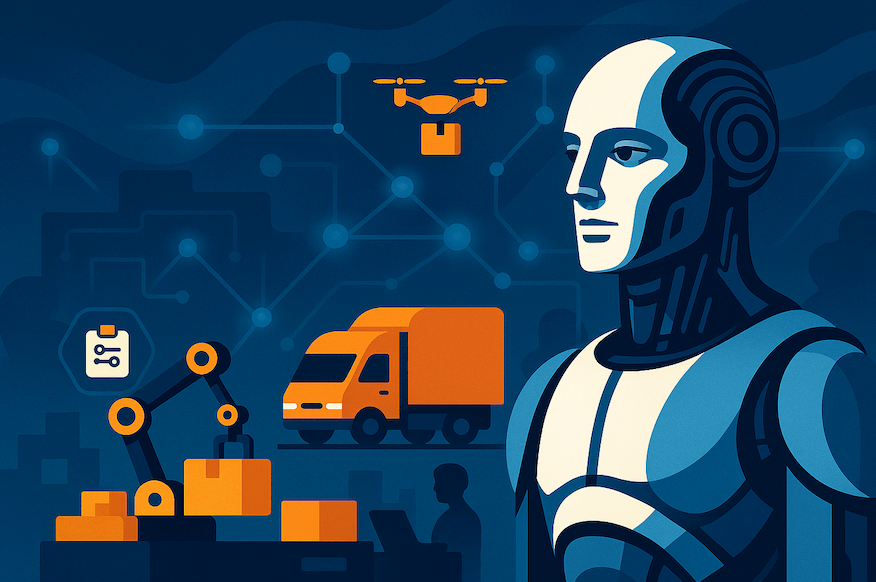 Autonomous AI robots and smart systems managing a futuristic supply chain