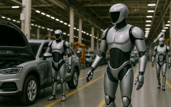 Humanoid robot in car manufacturing.