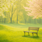 A peaceful spring path with sunlight and blooming trees.