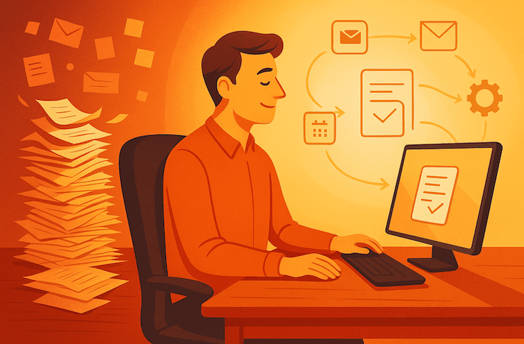 Illustration of a worker freed from paperwork as tasks flow into automation with warm golden tones.