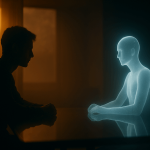 Human and AI figure facing each other in warm light.
