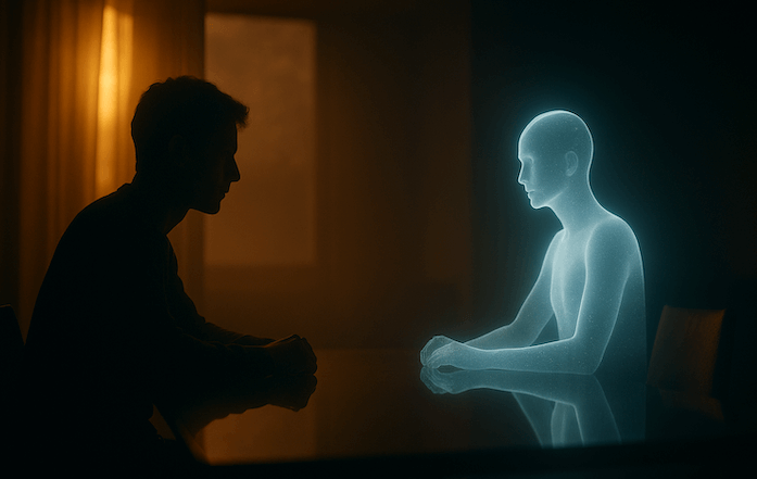 Human and AI figure facing each other in warm light.