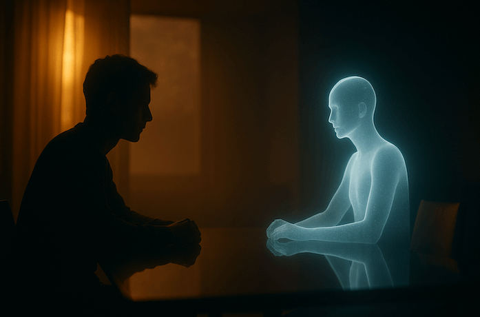 Human and AI figure facing each other in warm light.