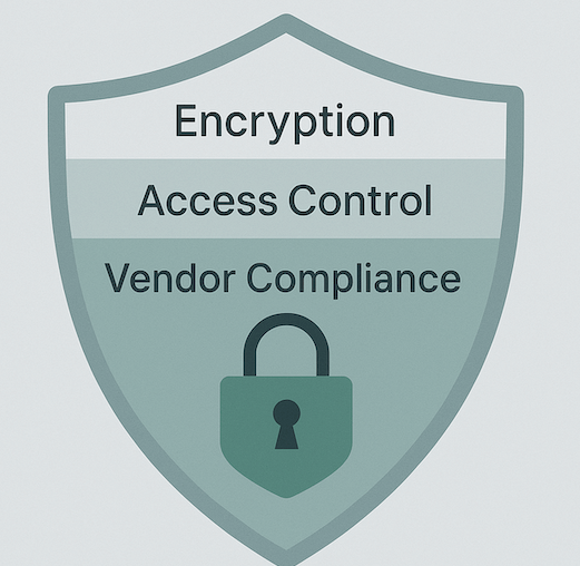 AI security layers: Encryption, Access Control, Vendor Compliance.