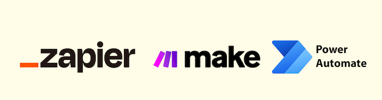 Logos of Zapier, Make and Power Automate