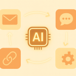 Central AI chip with connected icons for email, chat, gear, and link on a warm beige background, symbolizing intelligent automation.