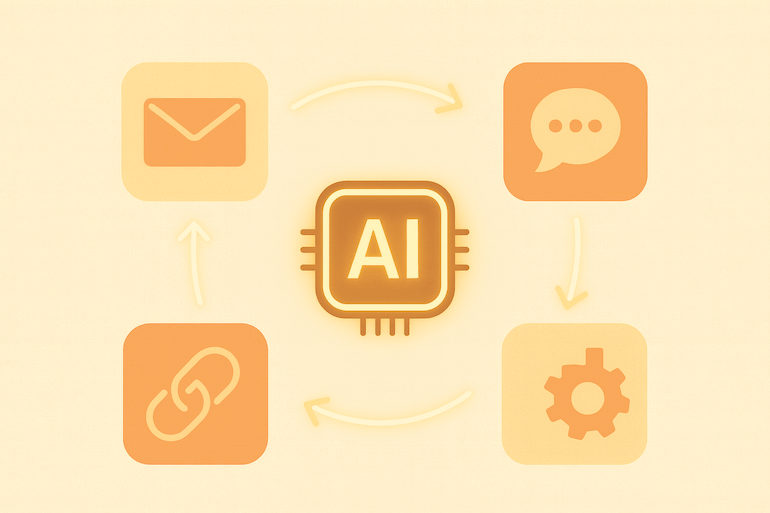 Central AI chip with connected icons for email, chat, gear, and link on a warm beige background, symbolizing intelligent automation.